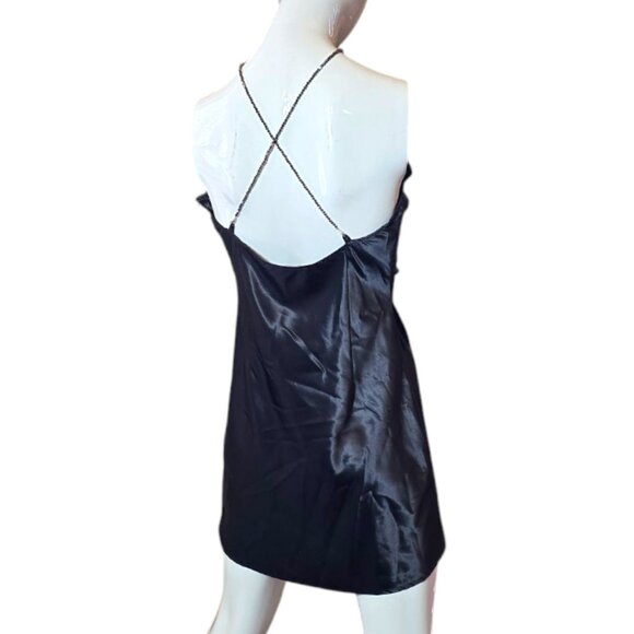 Black Satin Halter Mini Slip Dress with Beaded Strap sz M - Picture 5 of 7